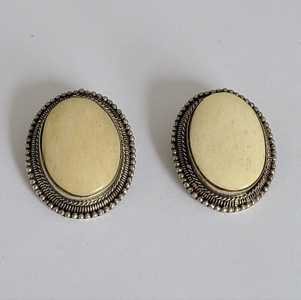 Vintage Faux Jasper Boho Chunky Large Oval Silver Ethnic Clip On Earrings